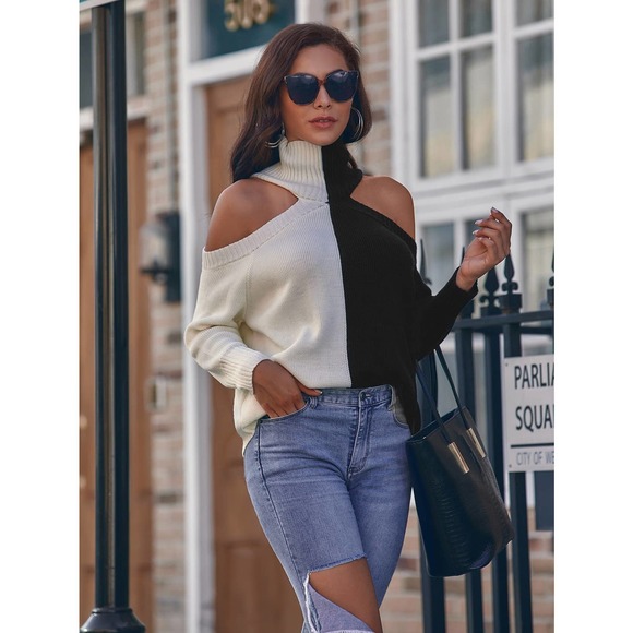 BohoGypsyDreamer Sweaters - Ribbed Two Toned cold Shoulder cutout Turtleneck Sweater white black
